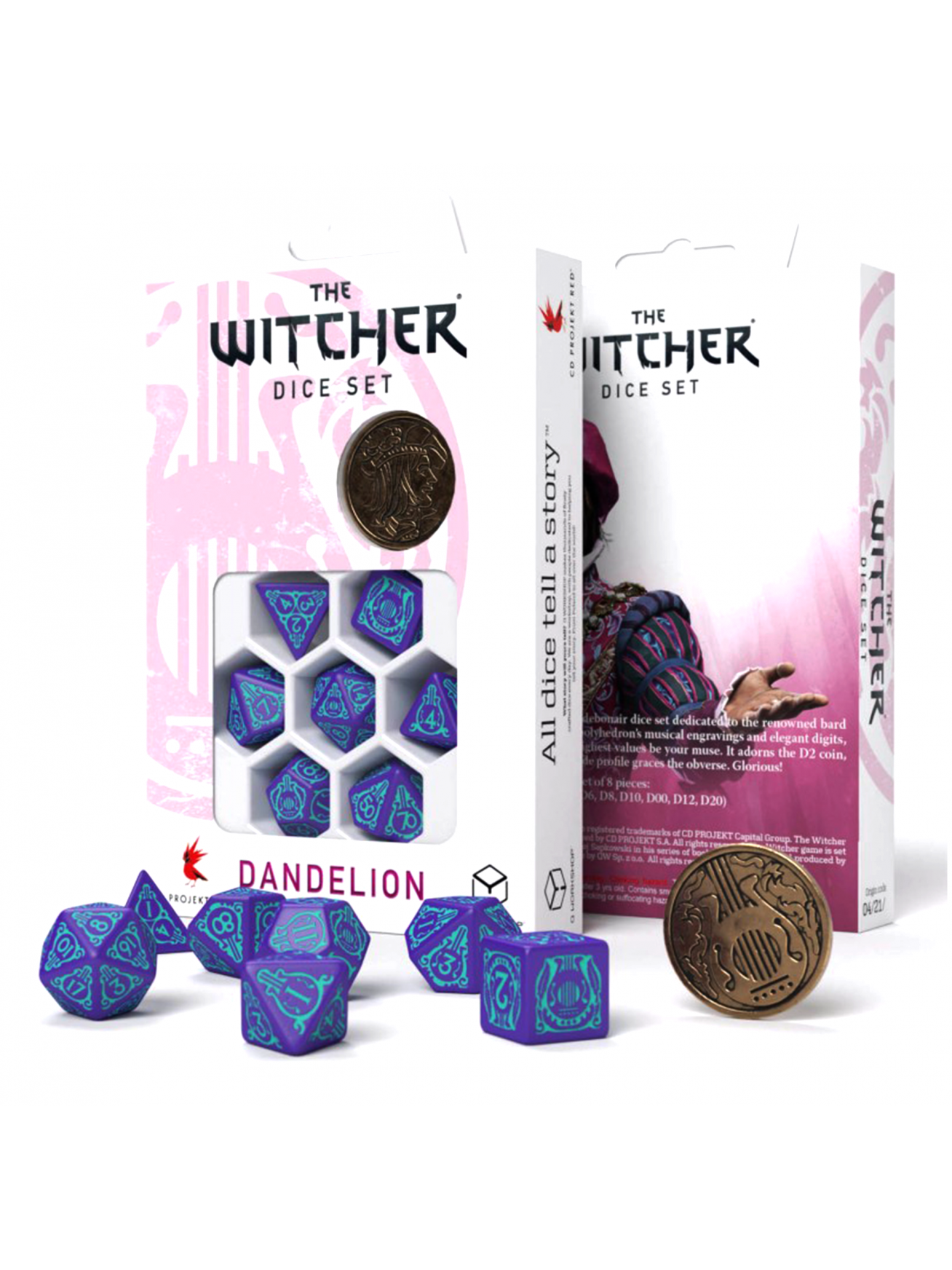The Witcher Dandelion kauliukų rinkinys violetinės ir turkio sp The Witcher Dandelion kauliukų rinkinys violetinės ir turkio sp