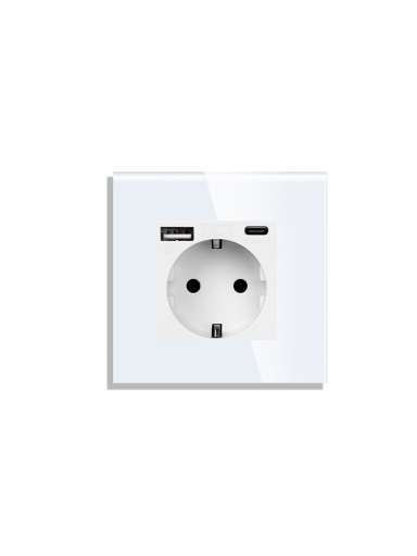 Vienvietis kištukinis lizdas su stikliniu rėmeliu Feelspot, su USB+C jungtimis, baltas